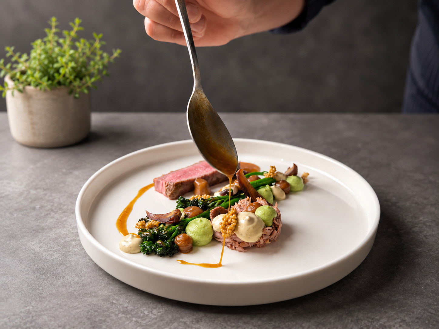 Professionelles Anrichten eines Ganges mit Sauce