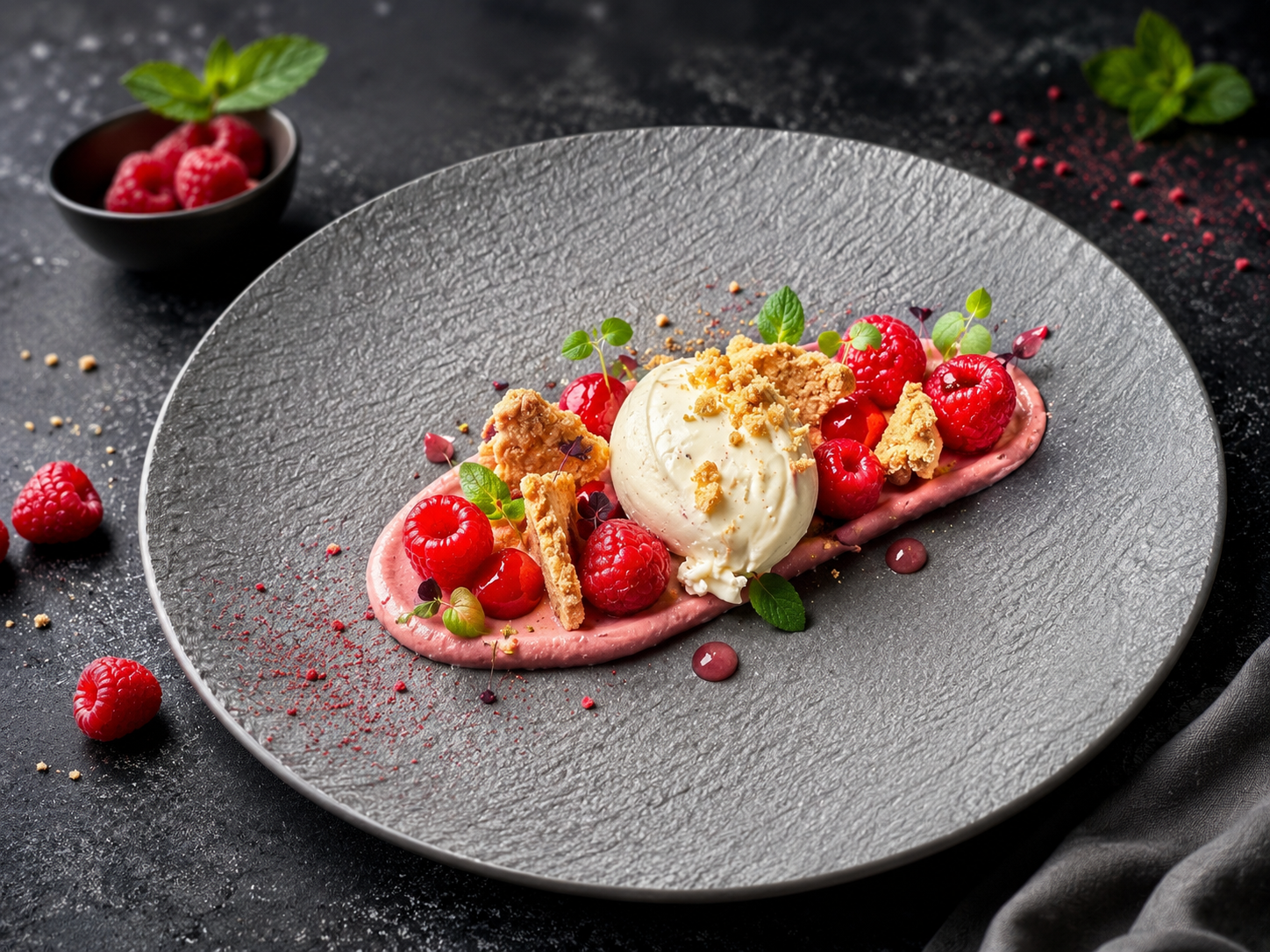 Himbeer-Dessert mit Crumble und Eis